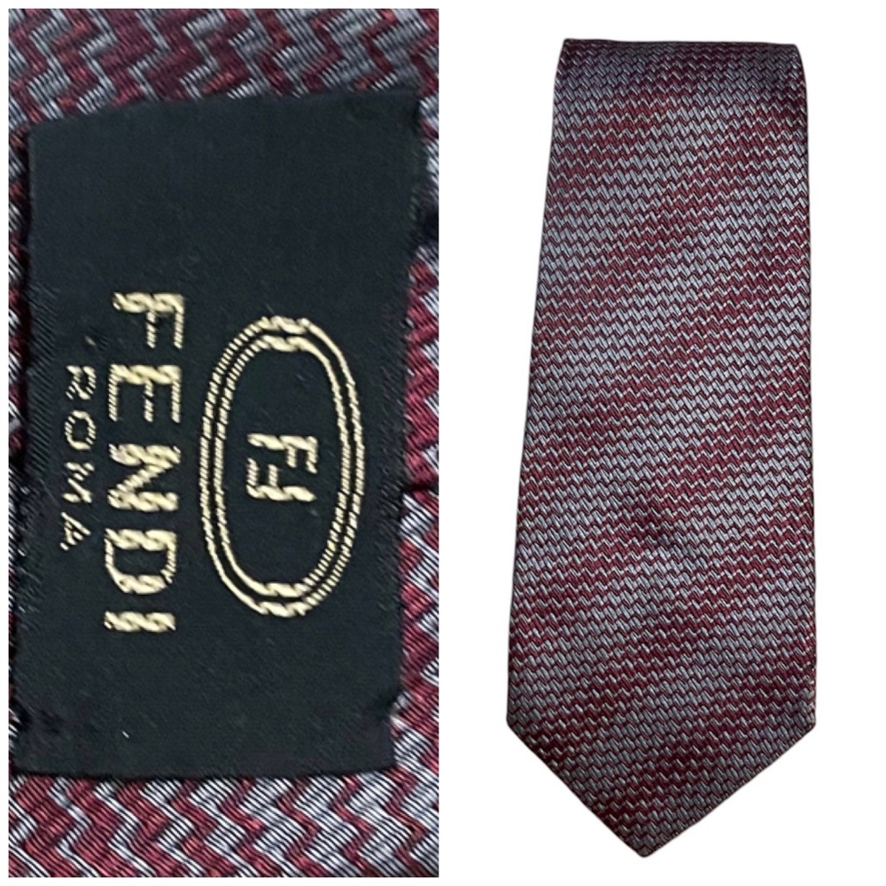 Vintage Fendi Silk Red Grey Geonetric Print Necktie Tie